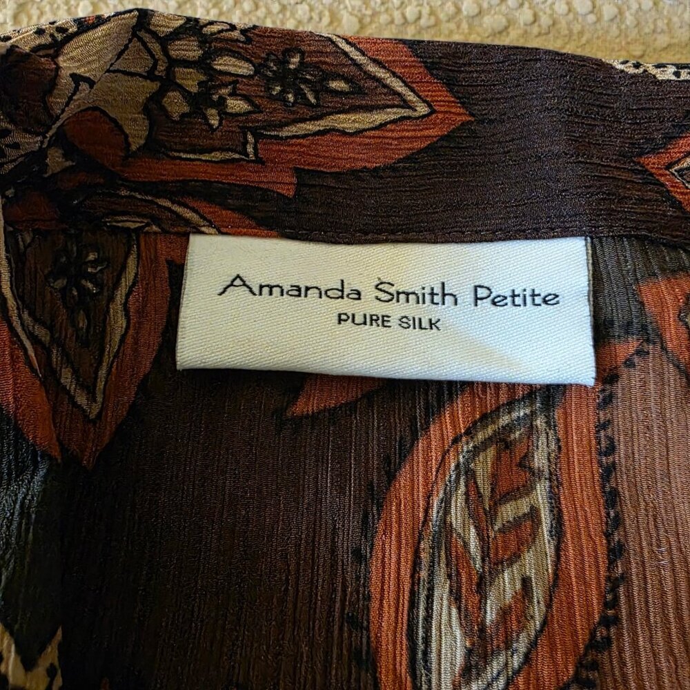 Amanda Smith Petite 100% Silk Blouse Paisley Brown Boho Earthy Coastal Grandma - Picture 14 of 14